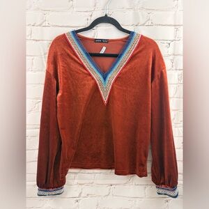 SHEIN Burnt Orange V Neck Long Sleeve Blouse Small